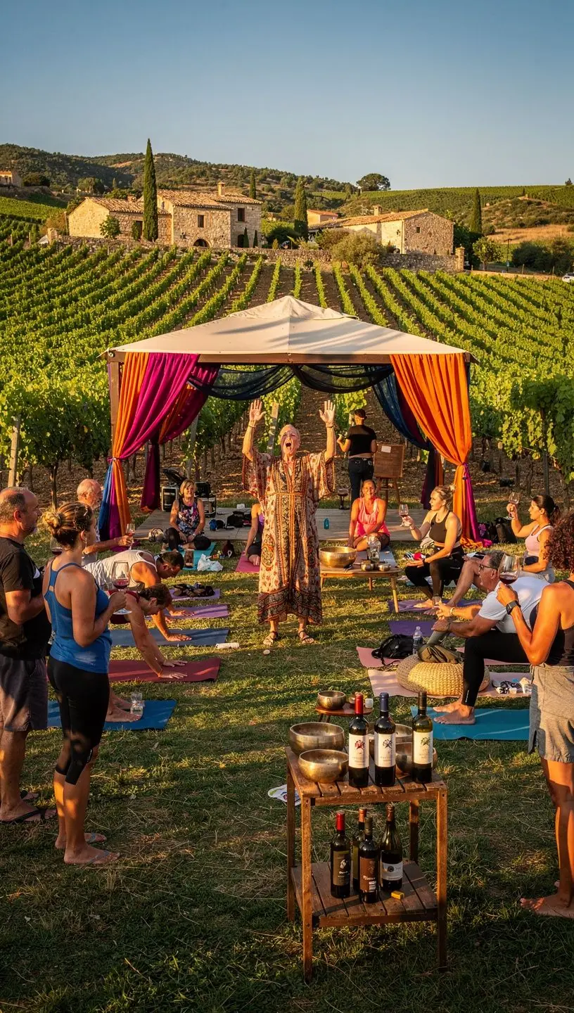 Un grupo de personas meditando en círculo, rodeadas de cuencos de canto y velas encendidas.