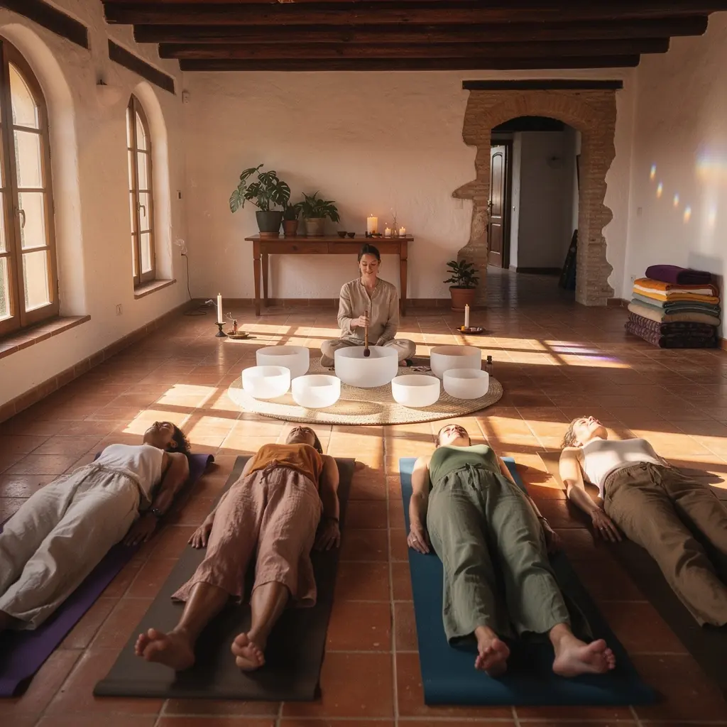 Una sesión de yoga en un entorno natural, con personas practicando mientras suenan cuencos tibetanos.