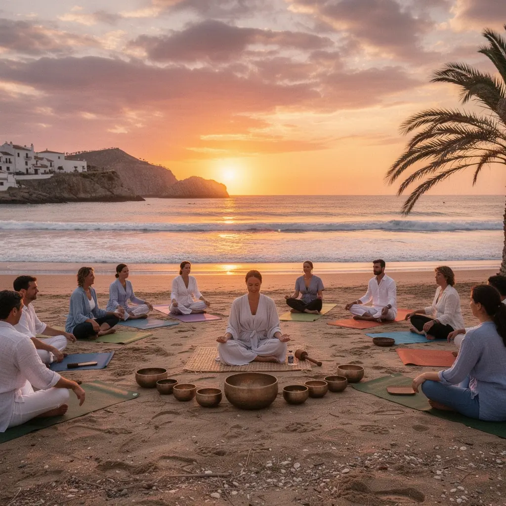 Una vista cercana de cuencos de canto brillantes, reflejando la luz mientras se preparan para una sesión de sanación vibracional.