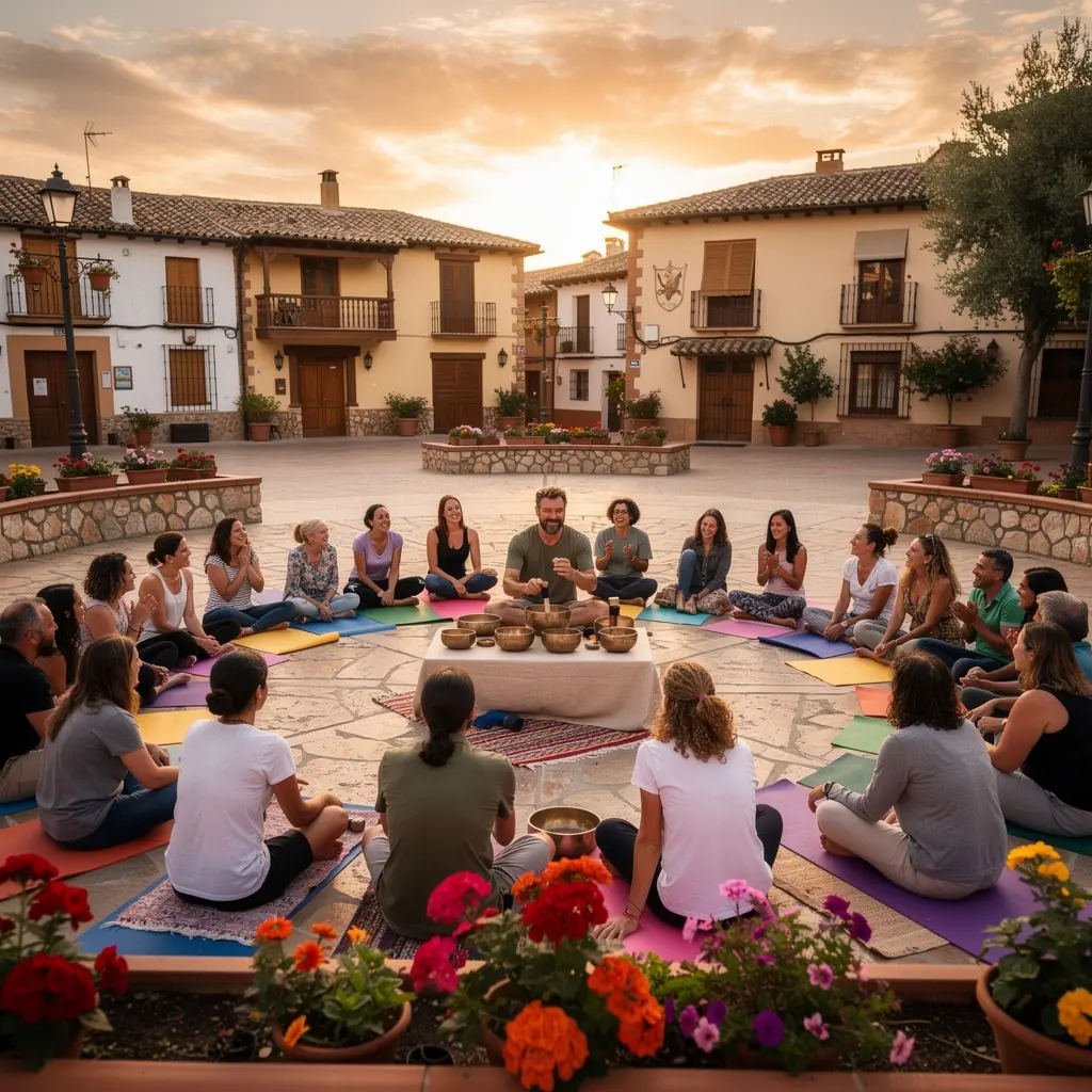 Un instructor guiando a sus alumnos en una clase de meditación con cantos armónicos.