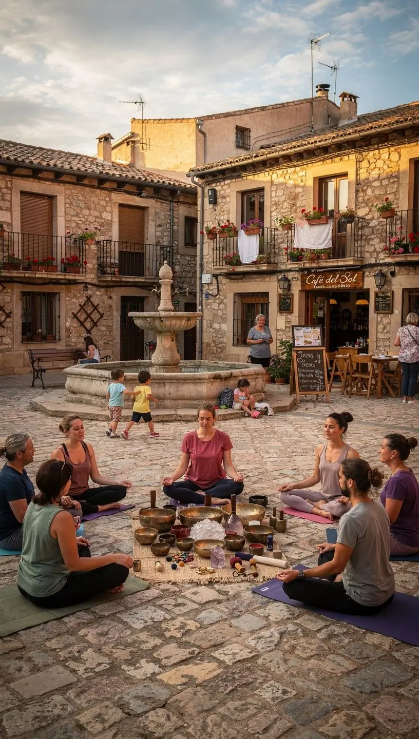 Un grupo de participantes sentados en círculo, rodeados de cuencos de sonido y cojines.