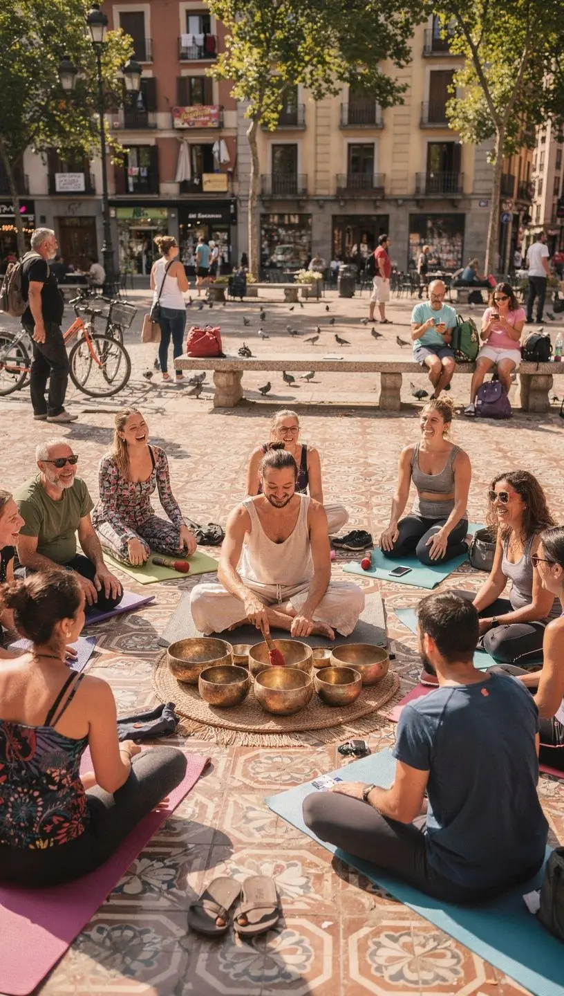 Un instructor guiando a sus alumnos en una clase de meditación con cantos armónicos.