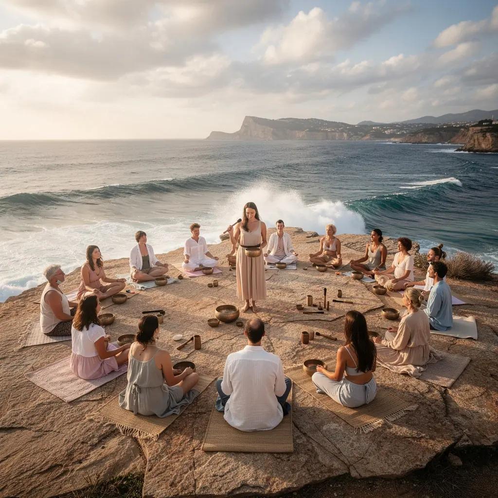 Un instructor guiando a sus alumnos en una clase de meditación con cantos armónicos.