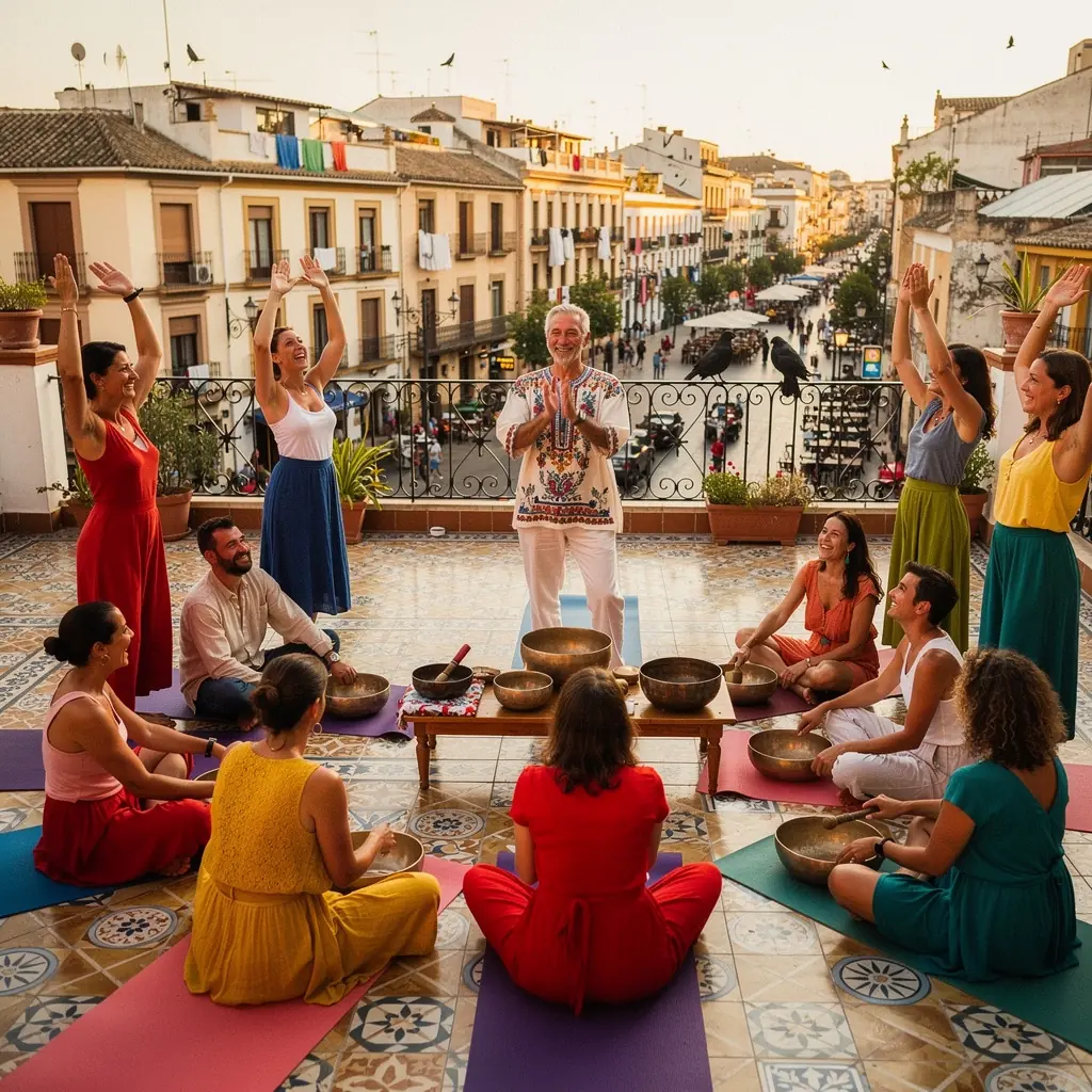 Un instructor guiando a sus alumnos en una clase de meditación con cantos armónicos.