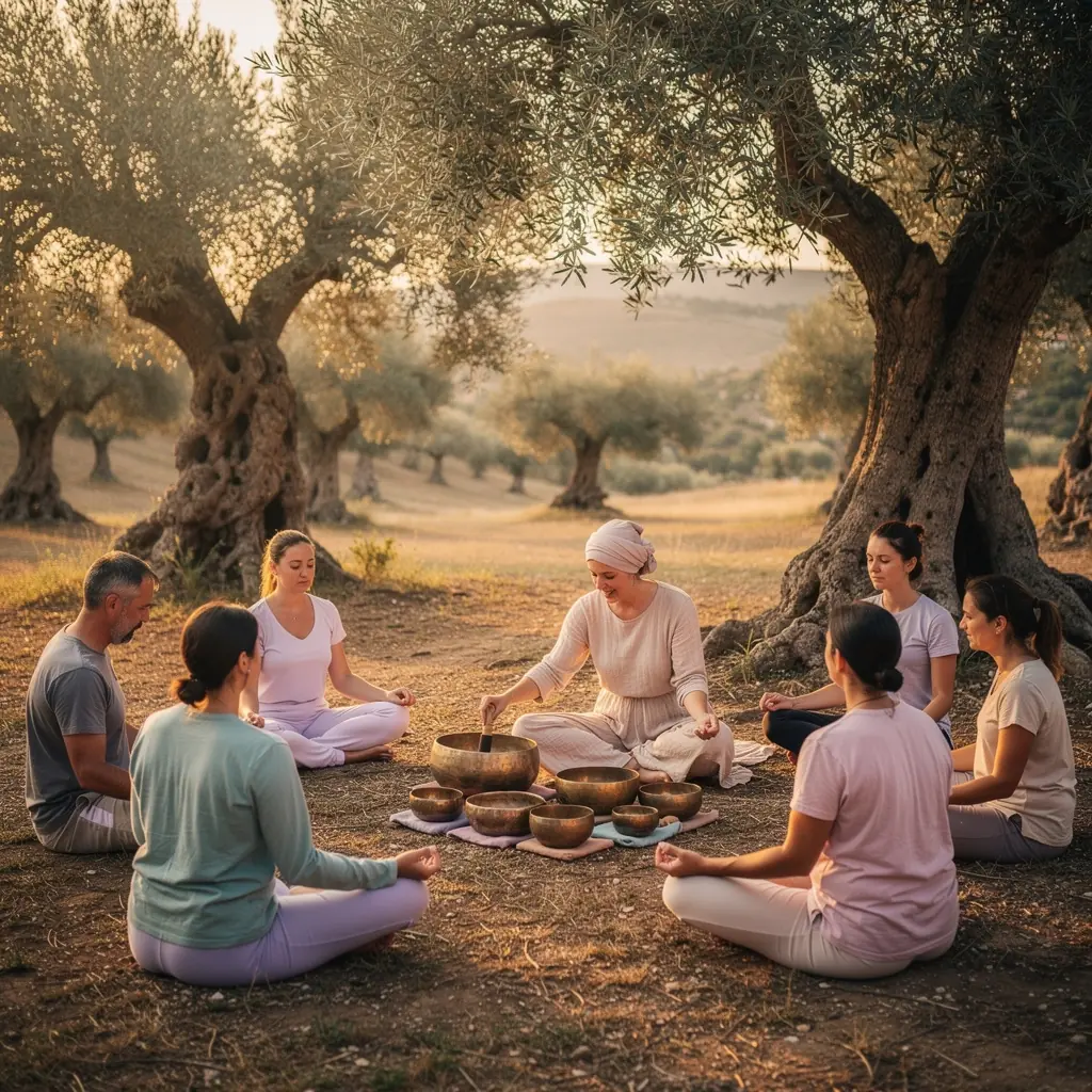 Un instructor guiando a sus alumnos en una clase de meditación con cantos armónicos.